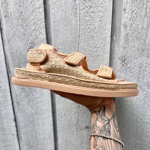 Ego Official  Hyped Double Strap Flat Dad Sandal In Natural Nude Woven Fabric - Picture 10 of 12